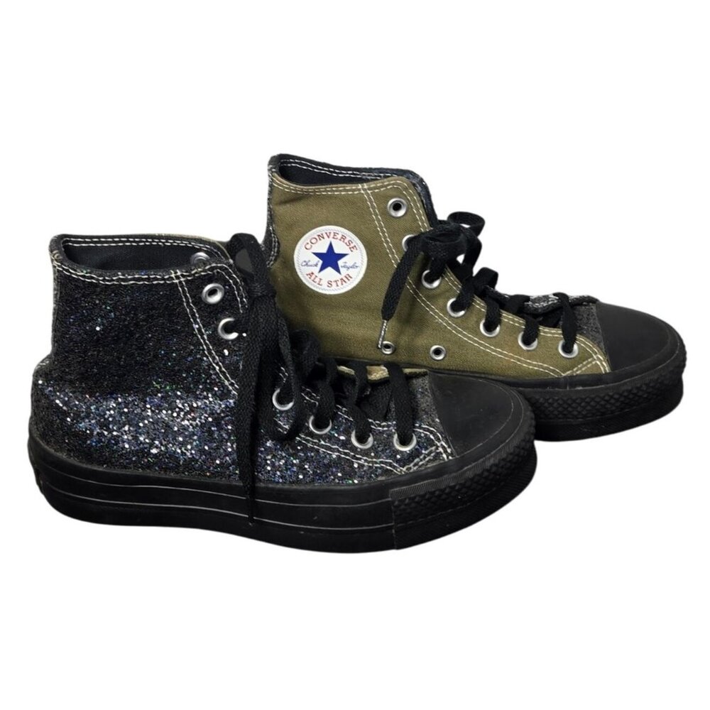 Converse Chuck Taylor All Star Womens Green Black High Platform‎ Glitter Shoes 6